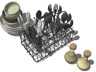 铁艺餐具架子 置物架 厨房用品用具 餐具 叉子碗 调料瓶，厨具餐具su草图模型下载