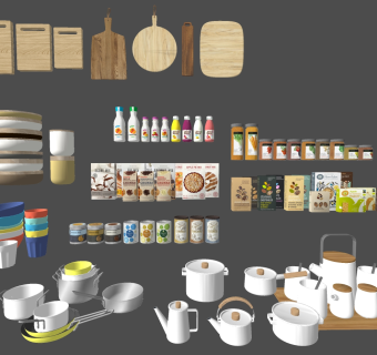 厨房用品组合 调料罐 瓶碗 杯子 锅 案板 水壶 砧板 菜板子厨具 su草图模型下载