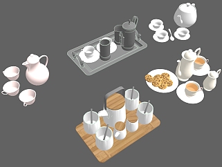 茶杯茶壺茶具套裝組合 茶壺托盤 糕點 下午茶點心 水壺水杯 su草圖模型下載