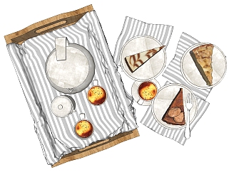 咖啡<em>蛋糕</em>餐具组合 茶具咖啡披萨 木制托盘su草图模型...