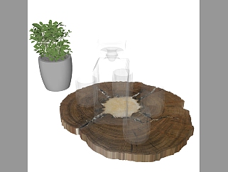 桌子摆件 喝水杯子 装饰植物 木墩子，菜板子组合su草图模型下载