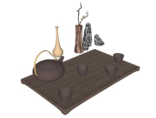 新中式原木茶具 茶杯茶壶 雕塑摆件，紫砂茶壶su草图模型下载