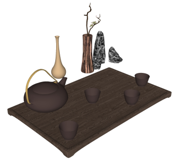 新中式原木茶具 茶杯茶壶 雕塑摆件，紫砂茶壶su草图模型下载