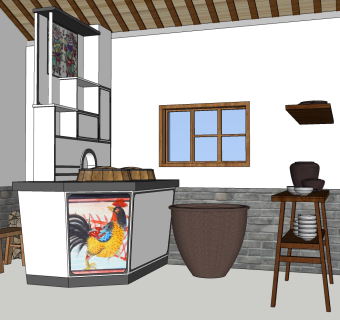 厨房用具 农村民宿厨房用具 木制储物架 碗 锅缸，碗架子木板凳su草图模型下载