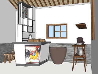 厨房用具 农村民宿厨房用具 木制储物架 碗 锅缸，碗架子木板凳su草图模型下载
