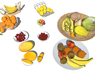 食物水果 橘子 橙子 香蕉 猕猴桃 苹果 柠檬 椰子 果盘su草图模型下载