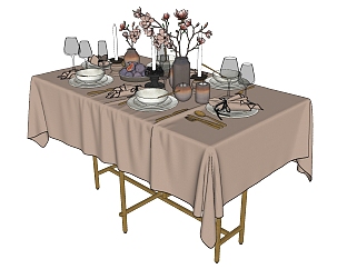 桌布餐桌，餐具，盤子花瓶su草圖模型下載