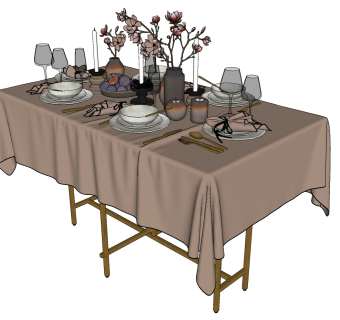 桌布餐桌，餐具，盘子花瓶su草图模型下载
