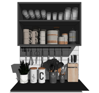 厨房餐具盘子调料罐植物组合 橱柜 碗橱柜子 碗 杯子 su草图模型下载