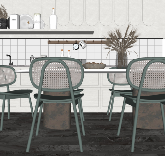现代日式自然风，日式藤编编织餐桌椅，su草图模型下载