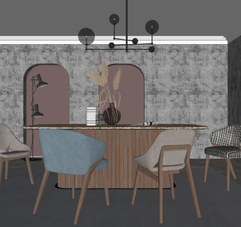 北欧风格简约餐厅 单人沙发椅子 餐桌椅子 摆件 吊灯组合su草图模型下载
