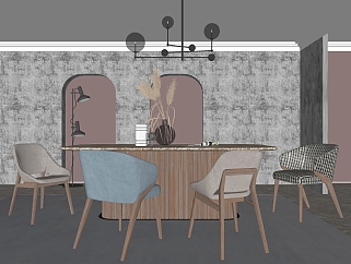 北欧风格简约餐厅 单人沙发椅子 餐桌椅子 摆件 吊灯组合su草图模型下载