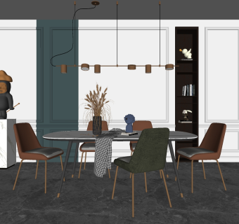 北欧现代轻奢餐桌椅子长条吊灯su草图模型下载