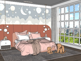北欧现代儿童房，女孩房女儿房，儿童<em>床</em>卧室su草图模型...