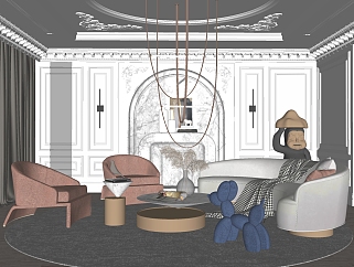 欧式法式客厅弧形异形沙发单人椅子su草图模型下载