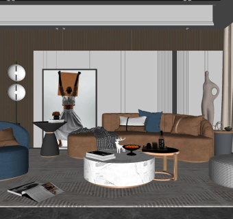 轻奢客厅弧形沙发茶几单人沙发落地灯su草图模型下载