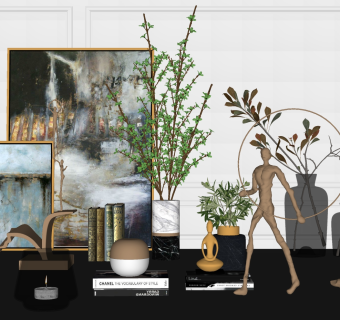 轻奢玻璃花瓶 摆件 金属雕塑摆件 装饰画 书本su草图模型下载