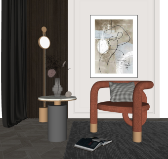 现代异形单人沙发边几落地灯su草图模型下载