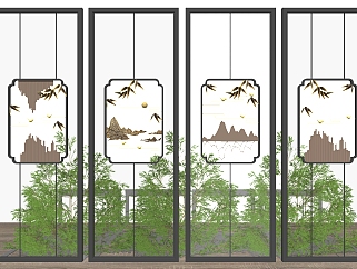 新中式玻璃屏風隔斷 竹子植物su草圖模型下載