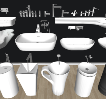 立柱式，柱状洗手盆台盆，台盆水龙头 组合su草图模型下载