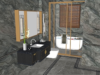 新中式卫生间 镜子浴室柜马桶浴缸淋浴间壁灯 su草图模型下载