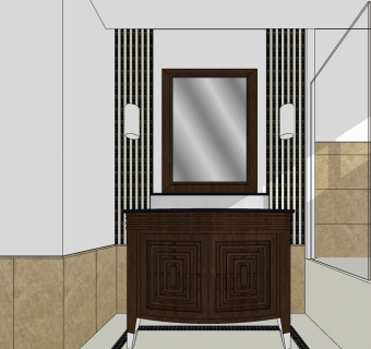 新中式厨房洗手台盆 储物柜 化妆台盆 镜子 壁灯组合su草图模型下载