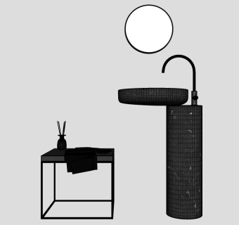 大理石立柱式台盆 现代台盆 边几 镜子立柱式，柱状盆 su草图模型下载