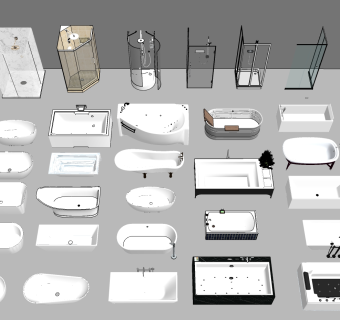 独立外漏按摩浴缸，玻璃淋浴房淋浴间隔断花洒su草图模型下载