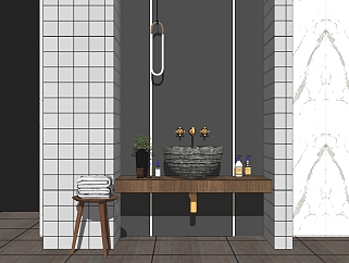 北欧浴室柜，石材石头台上盆 su草图模型下载