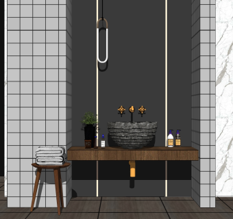 北欧浴室柜，石材石头台上盆 su草图模型下载