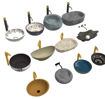 新中式陶瓷青花石头瓷洗手台盆 su草图模型下载