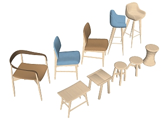 新中式休闲原木单椅 休闲座椅 吧椅 凳子 木墩子组合su草图模型下载