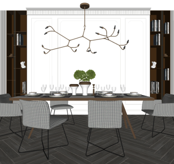 餐桌椅组合，铁艺吊灯餐具su草图模型下载
