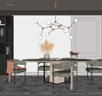 餐桌椅金属吊灯组合su草图模型下载