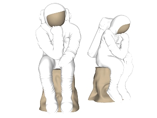 雕塑摆件太空人宇航员人物摆件组合 木墩子su草图模型...