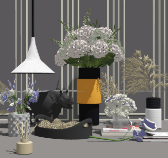 轻奢欧式摆件装饰 花瓶花艺 吊灯 书籍摆件组合su草图模型下载