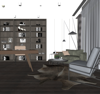 书房，书桌椅，动物毛皮地毯su草图模型下载