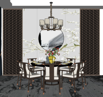 中式经典中式风格餐桌椅子 餐具 摆件 吊灯 su草图模型下载