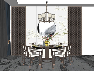 中式经典中式风格餐桌椅子 餐具 摆件 吊灯 su草图模型下载