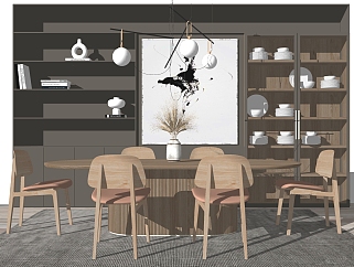 北欧现代简约<em>木制</em>餐桌椅子，储物柜su草图模型下载