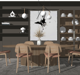 北欧现代简约木制餐桌椅子，储物柜su草图模型下载