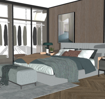 双人床，床尾凳，床榻，床头柜，摆件，晾衣架衣服su草图模型下载