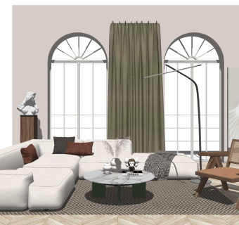 现代多人转角沙发，单人休闲原木椅子，茶几，圆几，su草图模型下载