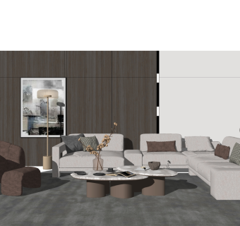 多人转角沙发，单人休闲沙发，茶几圆几，摆件su草图模型下载