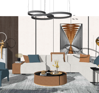 现代多人转角沙发，单人休闲沙发椅子，茶几圆几，边几，摆件su草图模型下载