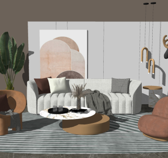 北欧多人，双人沙发，单人休闲沙发椅子，茶几，圆几，麋鹿雕塑摆件su草图模型下载