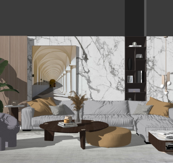 多人转角沙发，单人沙发椅子，茶几圆几摆件su草图模型下载