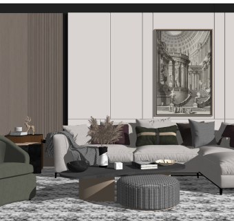 多人转角沙发，单人沙发椅子，藤编编织茶几圆几，摆件su草图模型下载