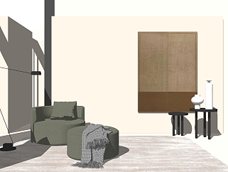 现代单人休闲沙发，沙发墩，边几摆件组合su草图模型...