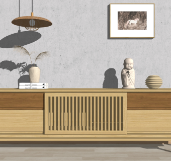 日式新中式现代原木制电视柜 吊灯 雕塑摆件su草图模型下载